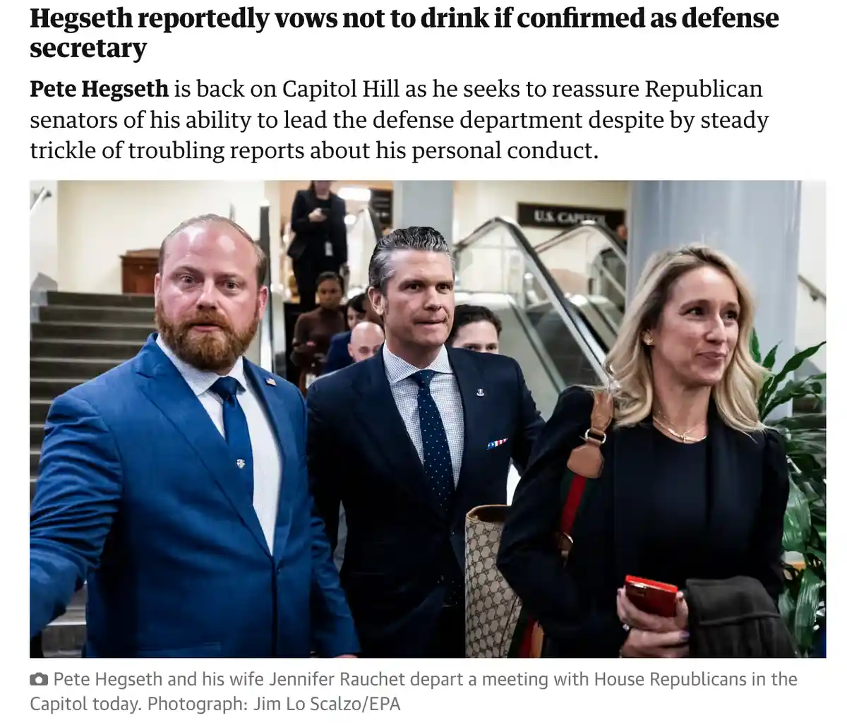 A news photo shows three people walking down Capitol Hill stairs, with the headline overlaid: 'Hegseth reportedly vows not…