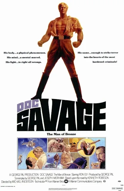 A vintage movie poster for 'Doc Savage: The Man of Bronze' featuring a muscular man in a torn shirt and pants standing…