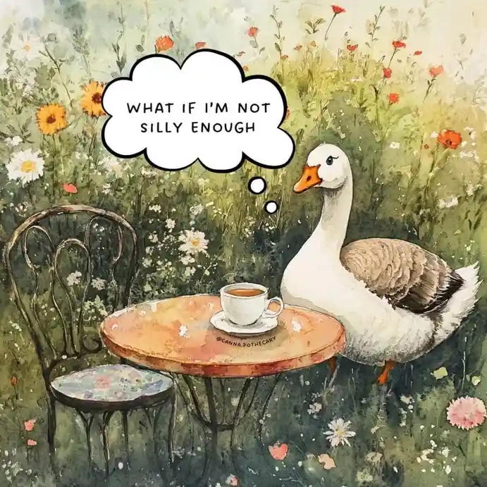 A watercolor illustration shows a white goose sitting at a small outdoor table with a cup of tea, surrounded by wildflowers…