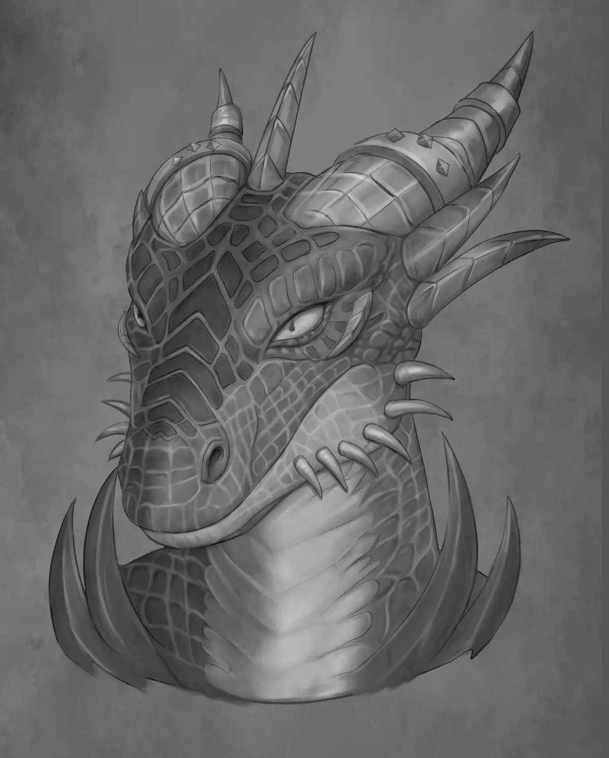 A grayscale digital drawing of a dragon's head with detailed scales, horns, and spikes, one eye shedding a single tear while…