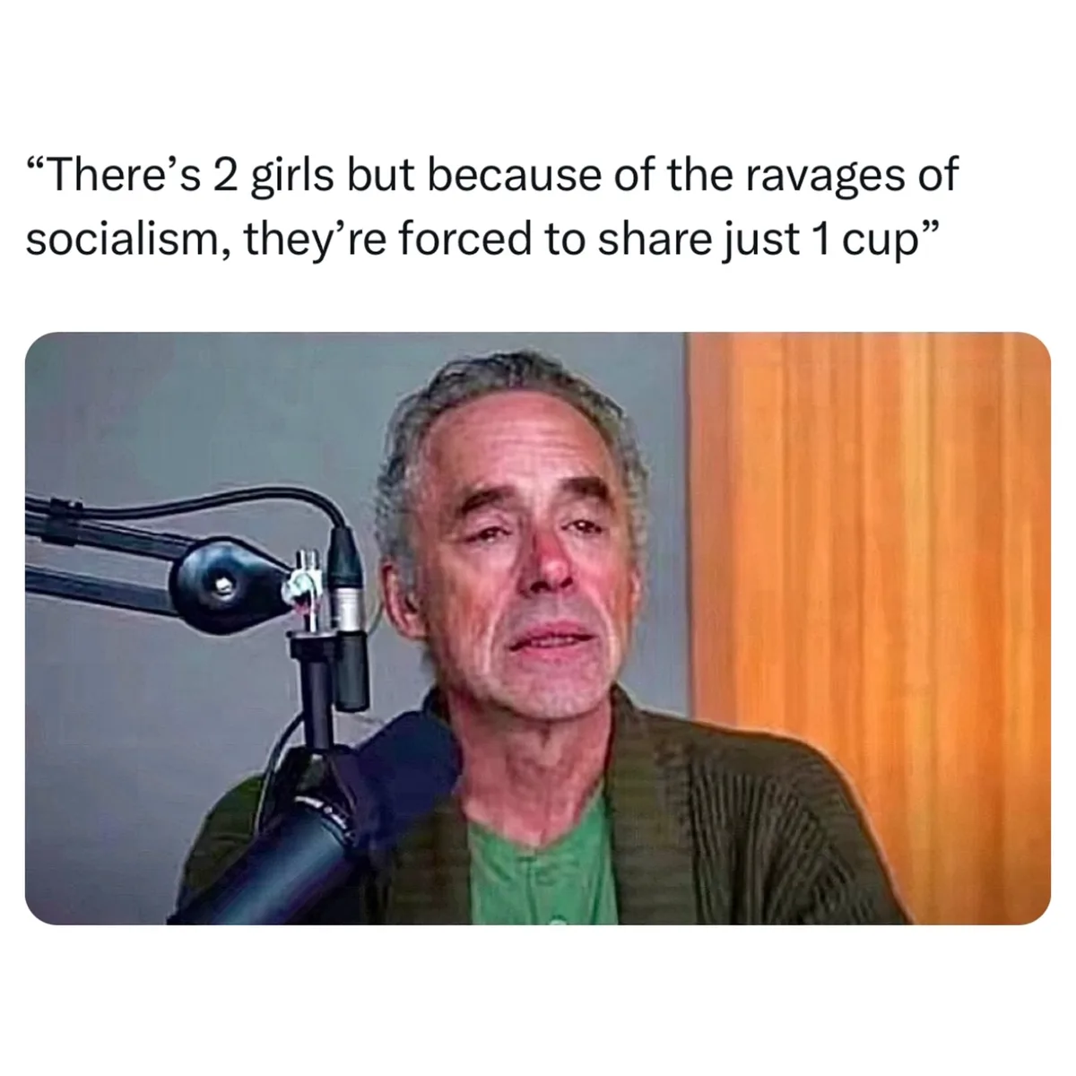 A man with gray hair and a green shirt sits in front of a microphone, looking earnestly at the camera. The overlaid text…