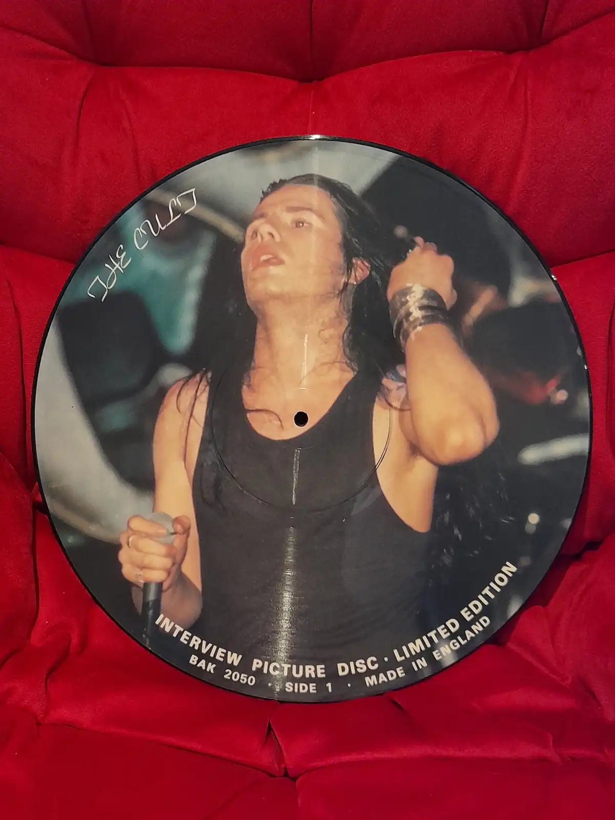 A circular picture disc record featuring a photo of a man with long dark hair wearing a black tank top, holding a microphone…