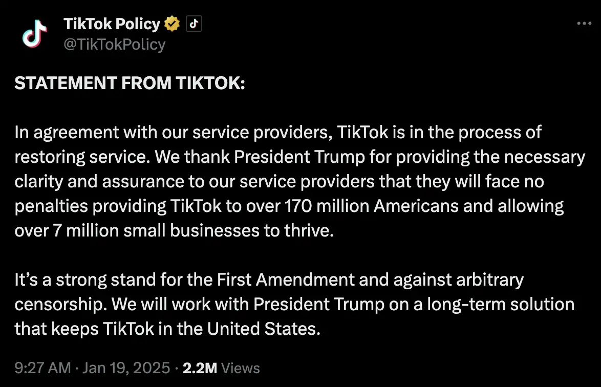 A screenshot of a TikTok Policy Twitter post from January 19, 2025, showing a statement from TikTok thanking President Trump…