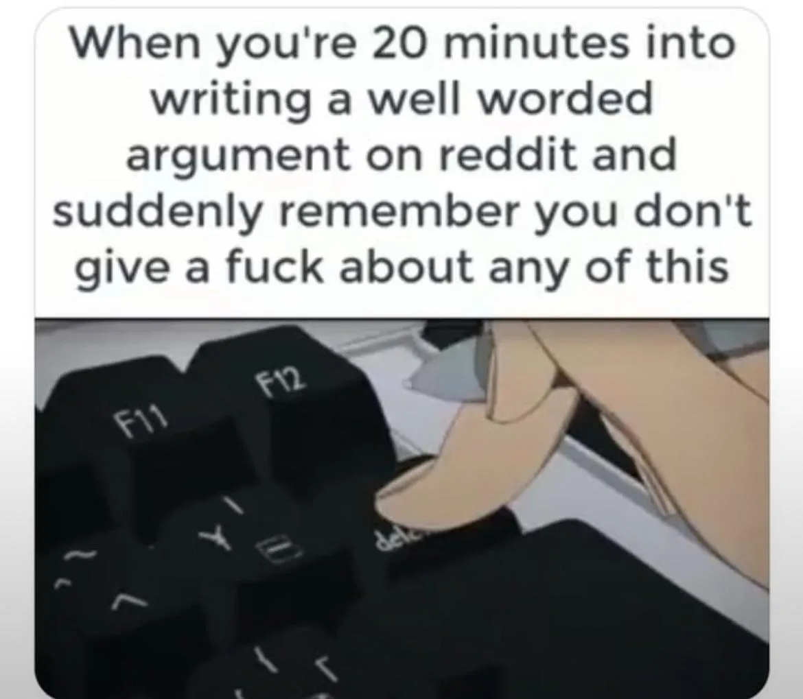 The image shows an anime-style close-up of a hand hovering over a black computer keyboard, specifically near the 'delete'…