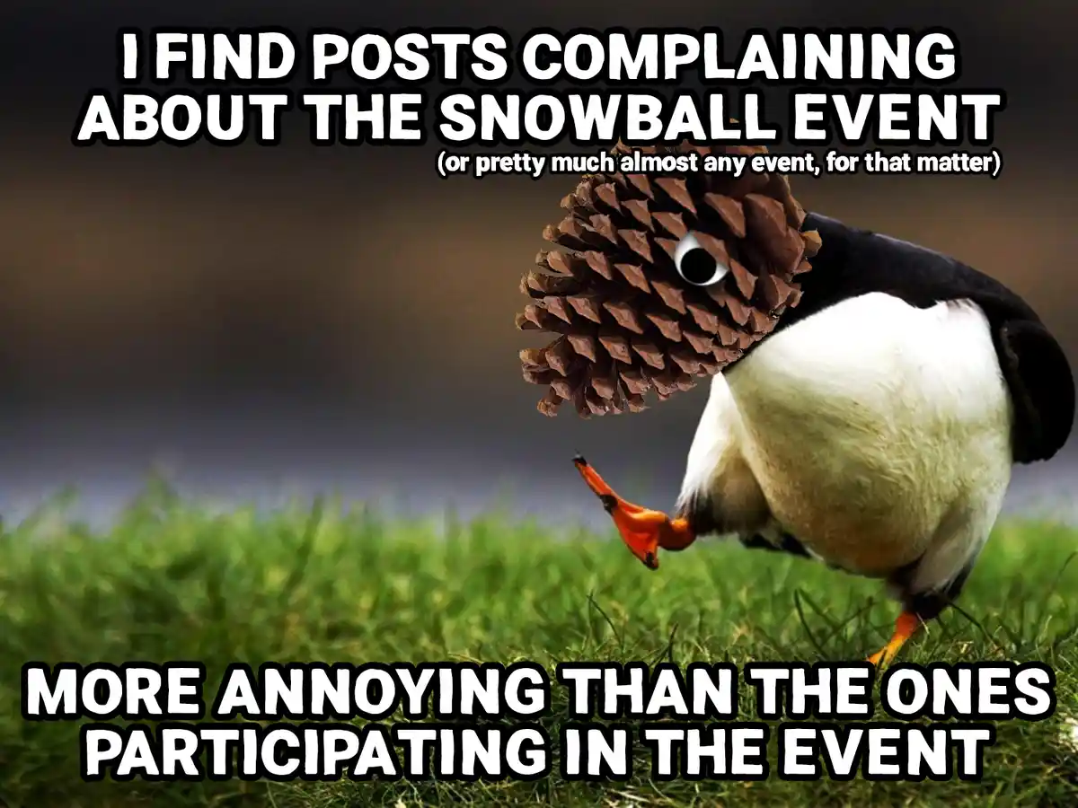 A bird with a pinecone for a head and one visible eye stands on grass, with bold white text overlaid. The top text reads 'I…