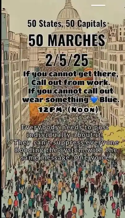 An illustrated image depicts a massive crowd of people marching down a city street toward a large domed building resembling…