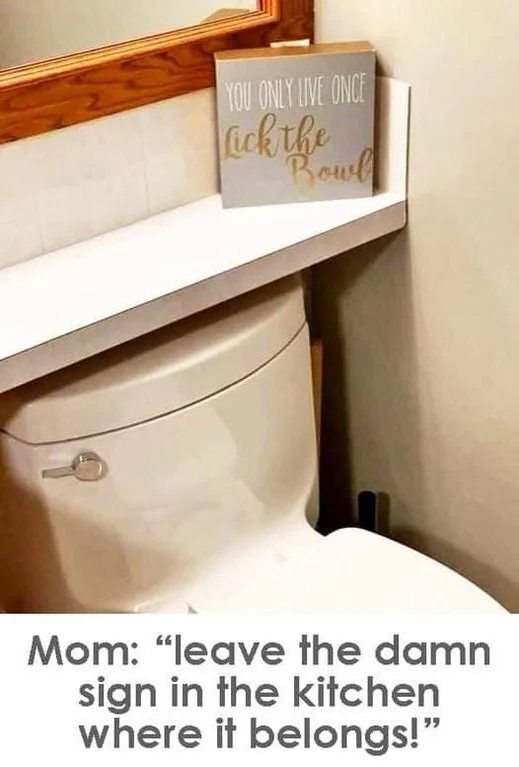 A white ceramic toilet is shown with a wooden-framed mirror above it. On the ledge above the toilet sits a gray wooden sign…