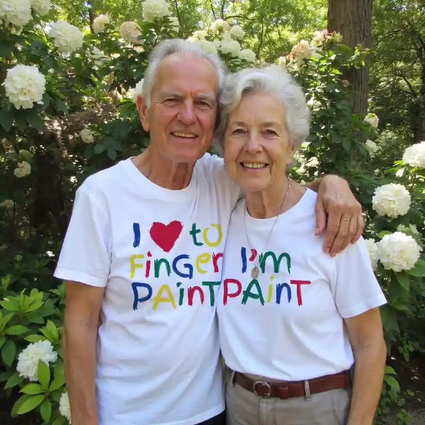 An elderly couple poses outdoors in front of white hydrangeas, both wearing white t-shirts with colorful, childlike text…