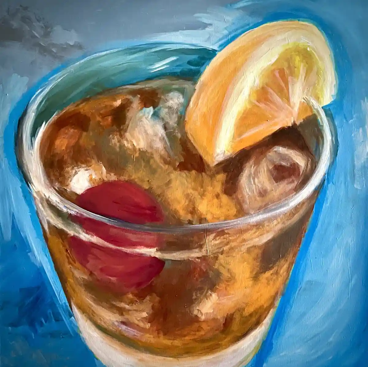 A painted image of a glass of amber-colored cocktail with ice cubes, a lemon wedge, and two maraschino cherries, set against…