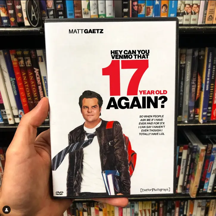 A hand holds a DVD case parodying a movie poster, featuring a photo of actor Matt Gaetz (though he is not the real person…