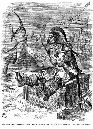 A black-and-white line drawing shows Davy Jones, a skeletal pirate with a skull-and-crossbones hat, lounging casually on a…