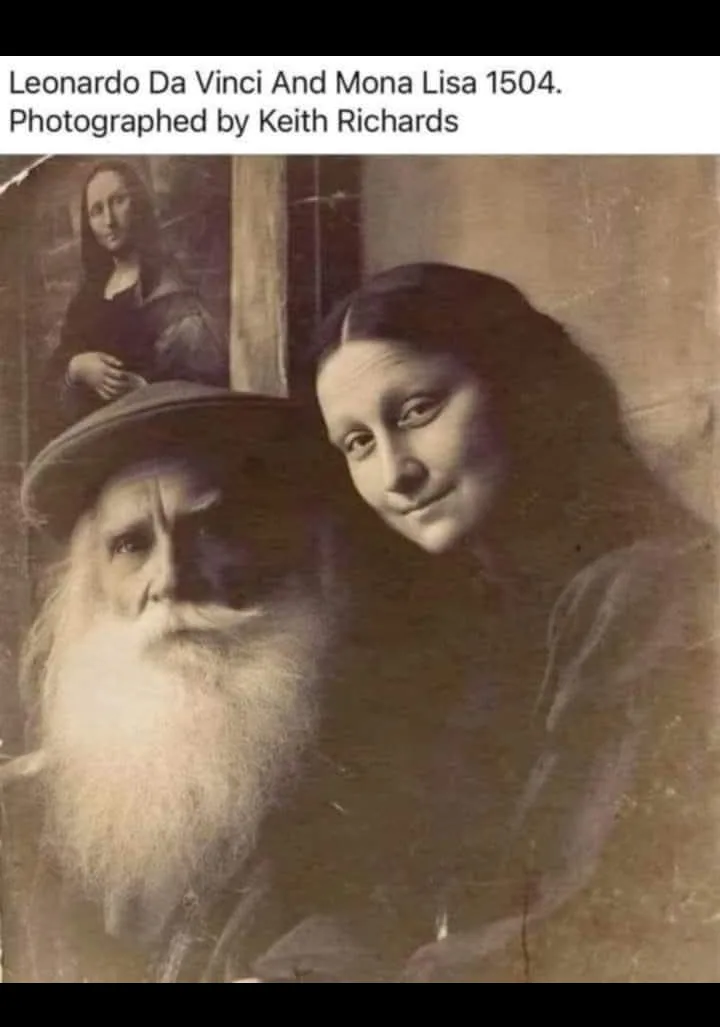 A sepia-toned, vintage-style photo shows a man with a long white beard and hat, presumably Leonardo da Vinci, standing…