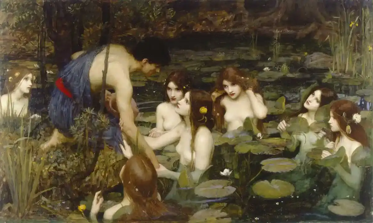 a classical painting depicts a shirtless man in a blue robe bending over a pond surrounded by several nude women partially…