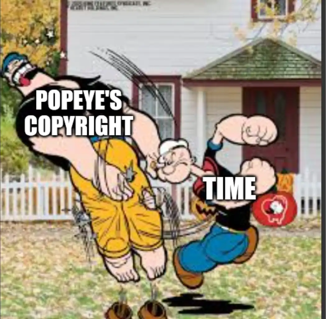 A cartoon image shows Popeye the Sailor Man in a dynamic pose, punching another character who is flying backward through the…