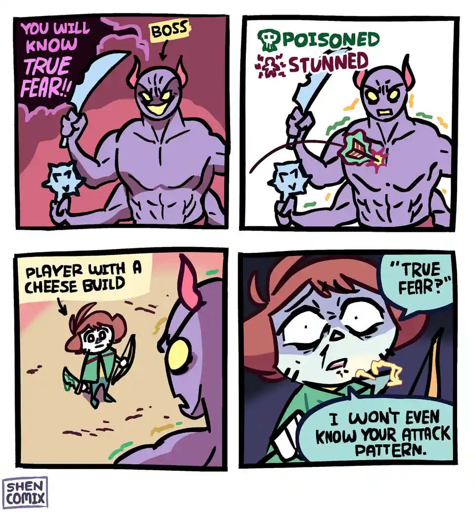 A four-panel comic shows a purple demon boss declaring 'YOU WILL KNOW TRUE FEAR!!' while holding a sword and a small…