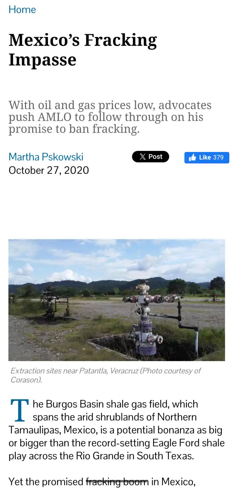 A screenshot of a 2020 news article titled 'Mexico's Fracking Impasse' shows a photo of abandoned oil extraction sites near…