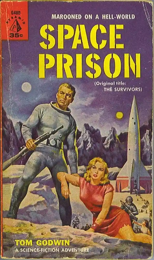 A vintage science fiction paperback cover for 'Space Prison' by Tom Godwin, showing a man in a spacesuit holding a rifle…