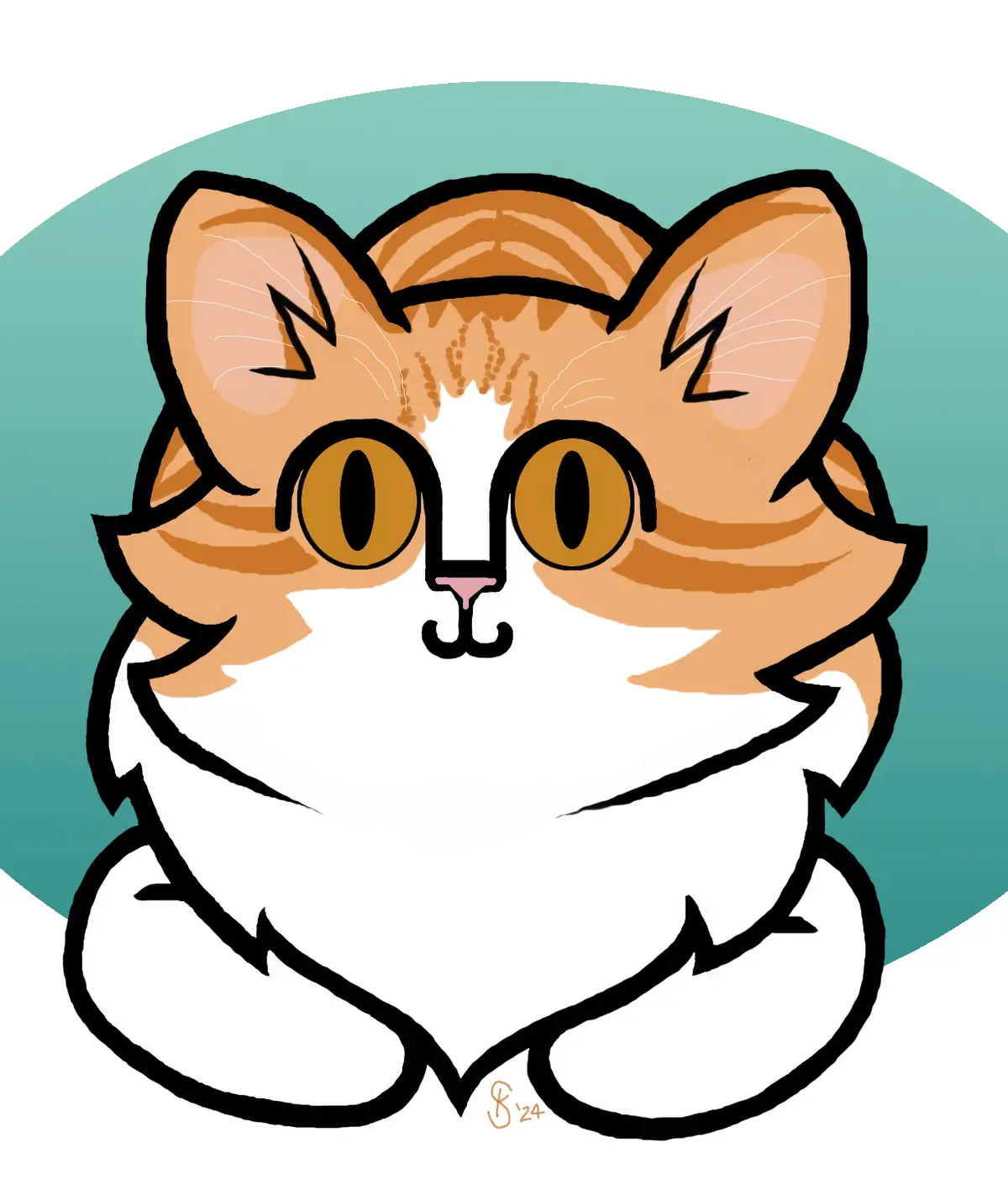 A cartoon illustration of an orange and white tabby cat with large, round yellow eyes and a fluffy white chest, set against…