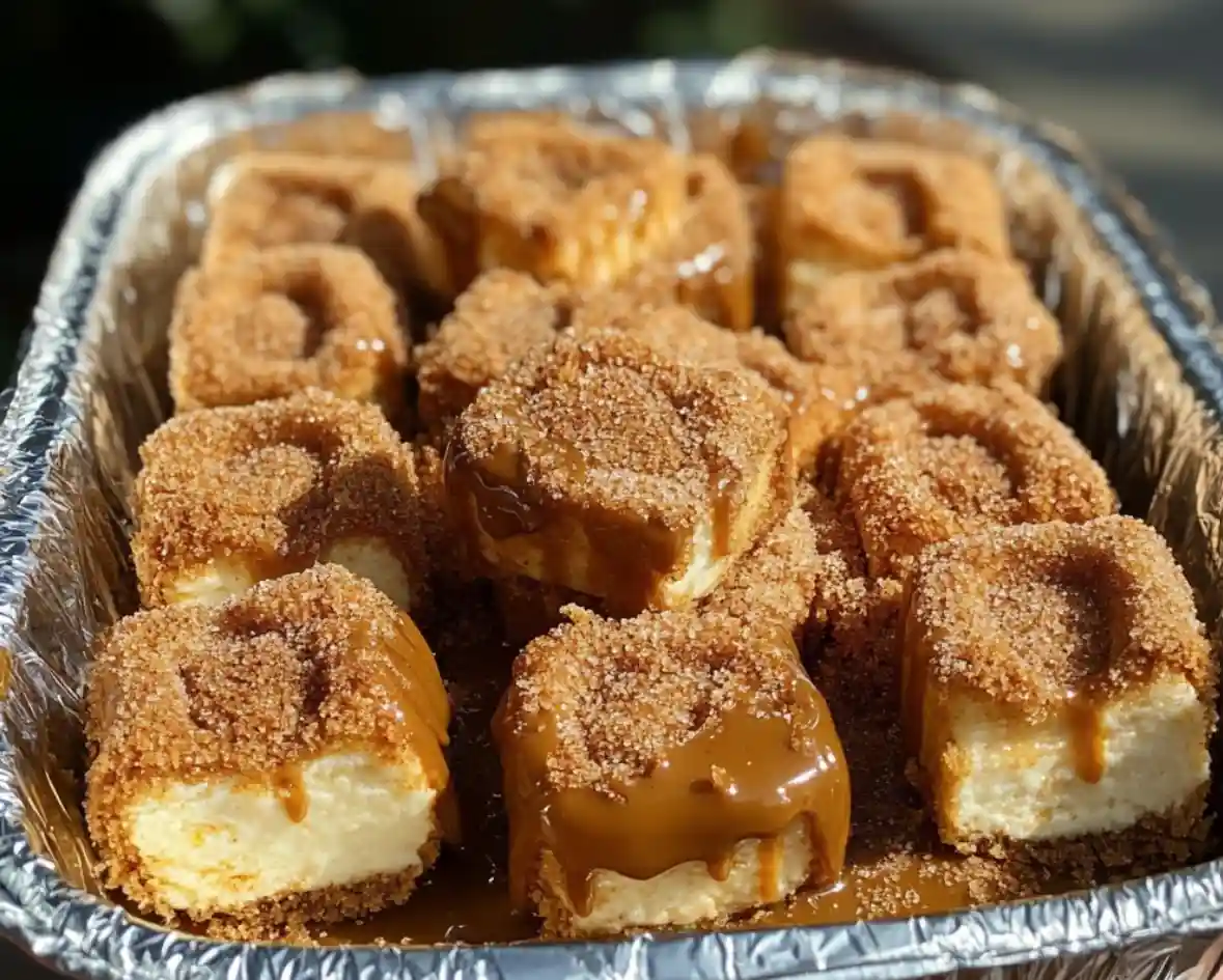 A close-up photo shows a foil pan filled with square-cut cheesecake rolls, each topped with a generous drizzle of caramel…
