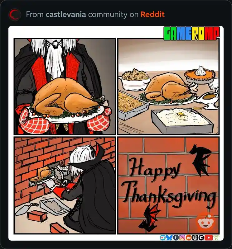 A four-panel comic shows a character in a black cape and white hair presenting a roasted turkey, then a table full of…