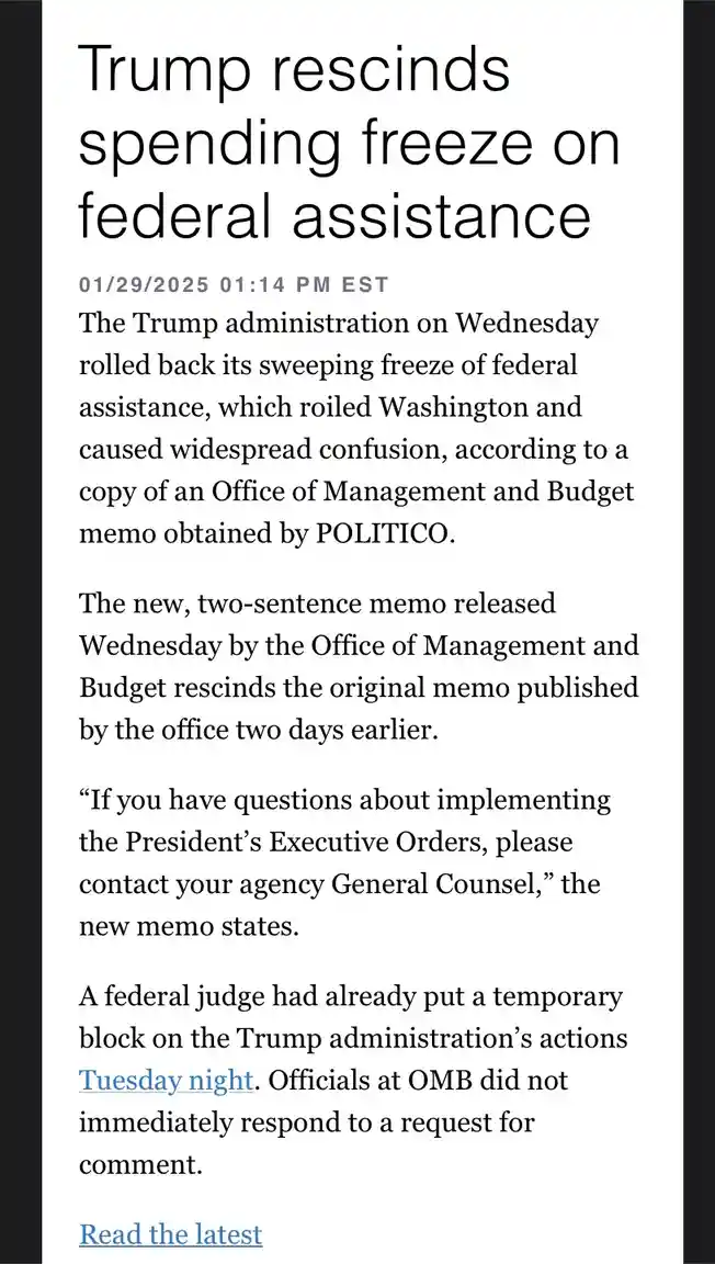 A screenshot of a news article from POLITICO dated 01/29/2025, reporting that the Trump administration rescinded a previous…