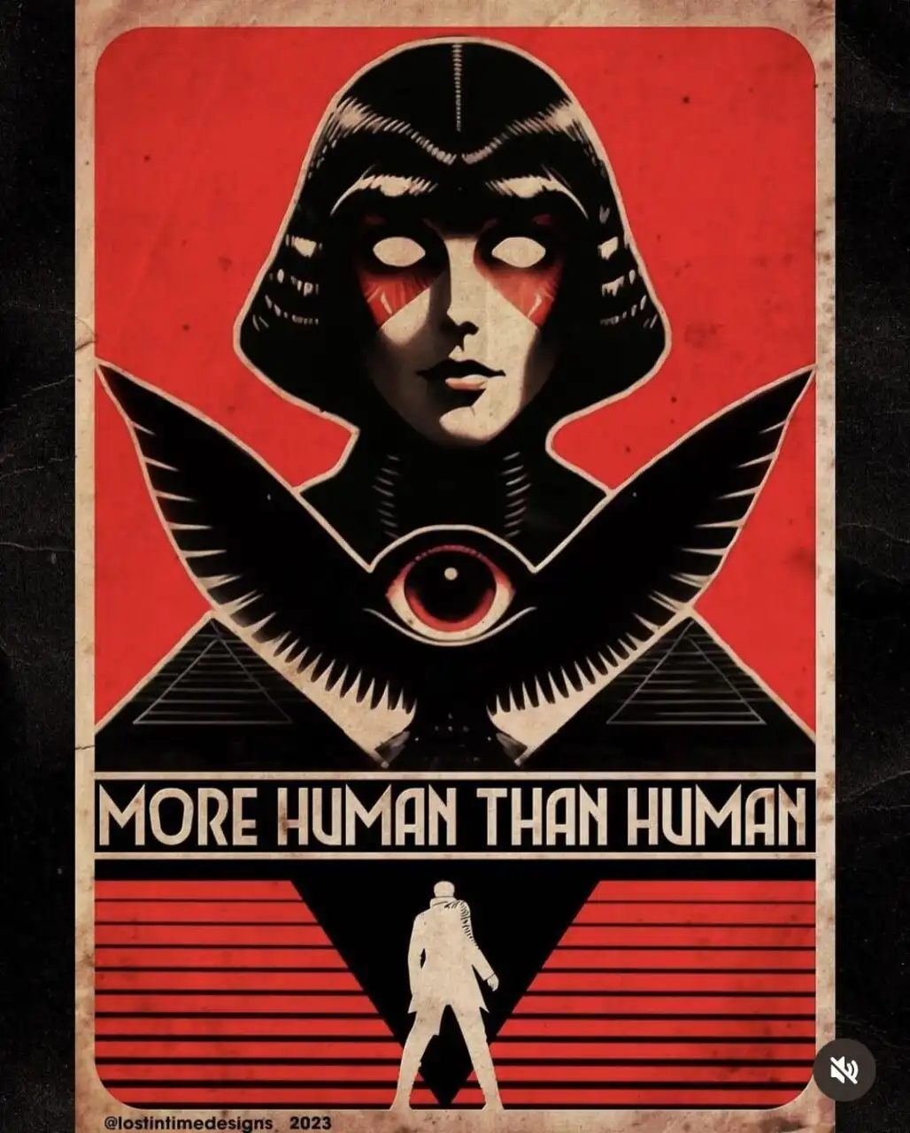 A stylized propaganda poster features a hooded figure with a large, red, all-seeing eye at its chest, set against a red…
