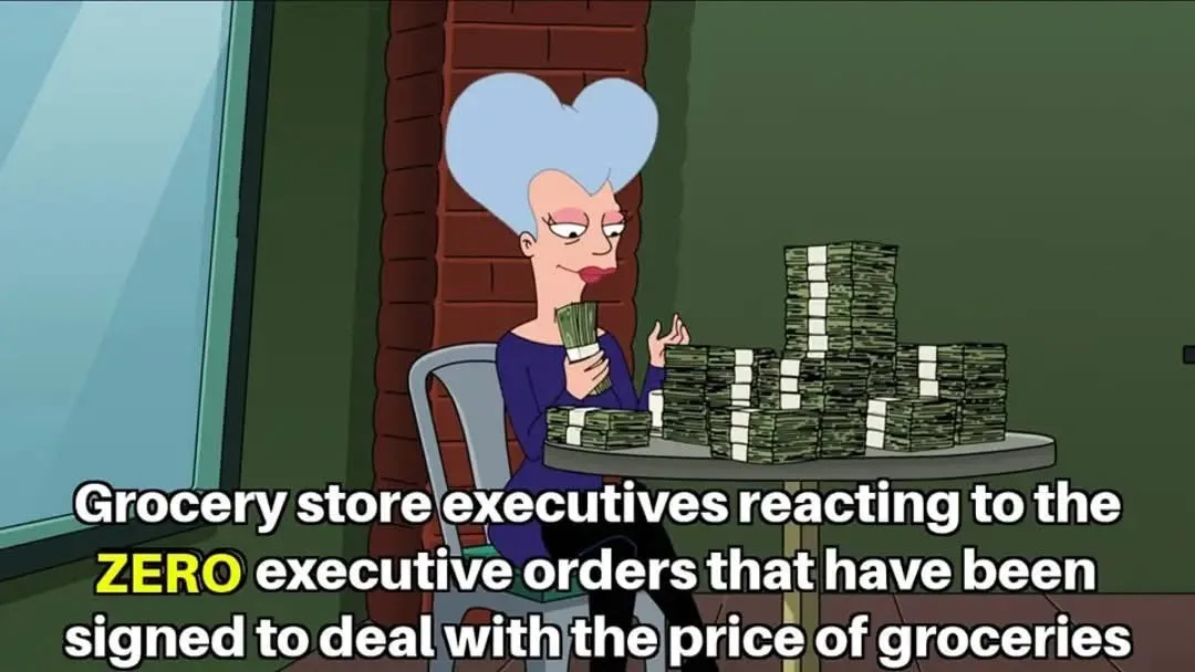 A cartoon woman with a heart-shaped blue hairstyle sits at a table surrounded by stacks of cash, holding a bundle in her…