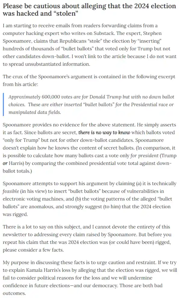 A screenshot of a newsletter article discussing claims by Stephen Spoonamore that the 2024 election was rigged through…