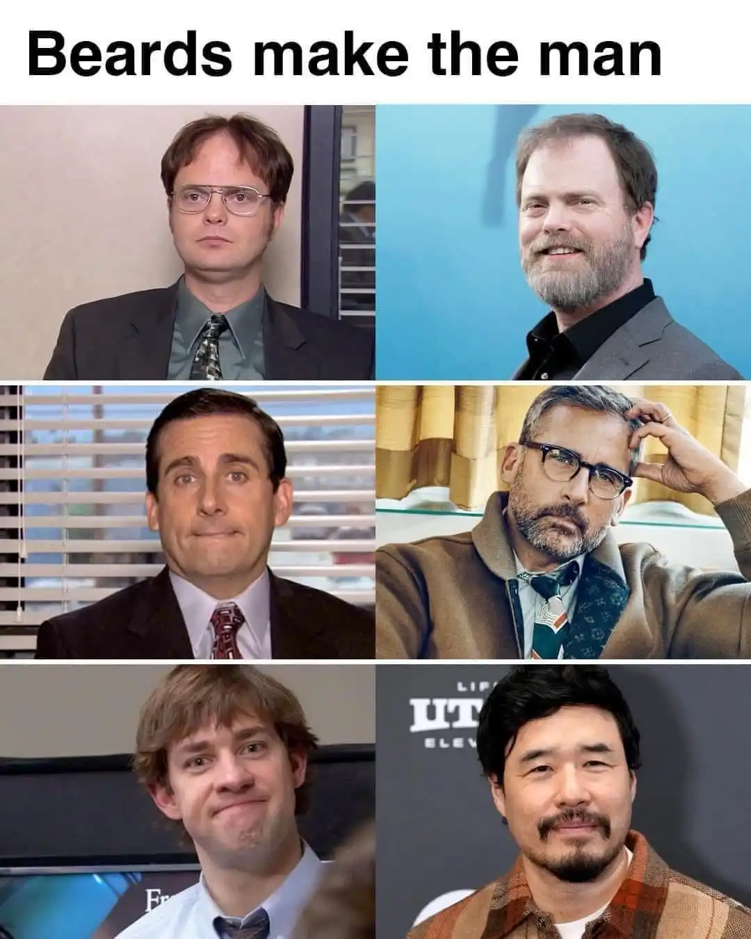 A six-panel meme grid showing actor Rainn Wilson as Dwight Schrute (left) and his bearded self (right), actor Steve Carell…