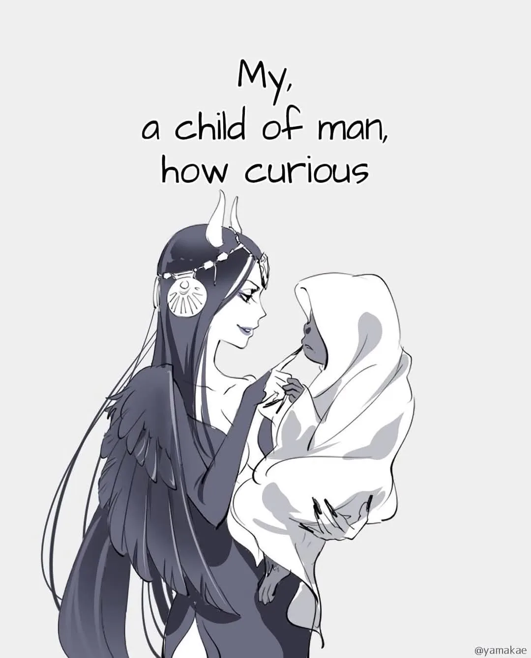 A black-and-white anime-style illustration shows a dark-haired woman with horns, a wing, and a moon-and-sun headpiece…