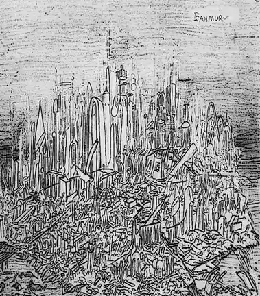 A black-and-white sketch depicts a dense, chaotic cityscape with numerous tall, abstract, and irregularly shaped buildings…