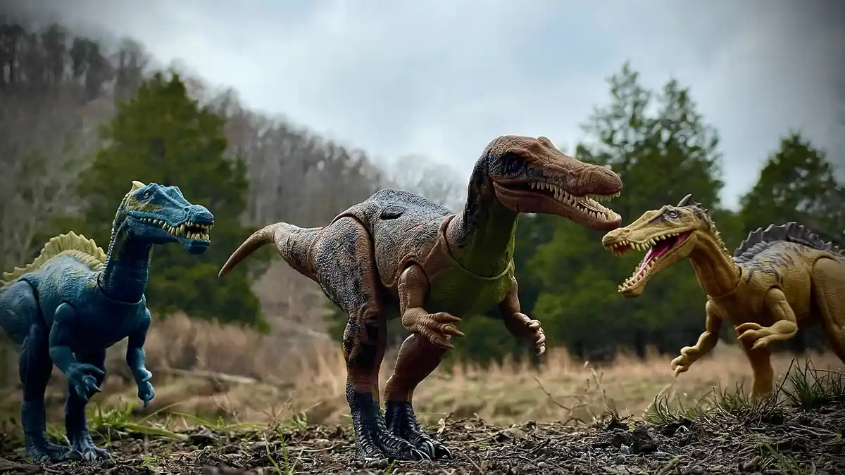 Three plastic dinosaur toys are posed in a grassy outdoor setting with trees and hills in the background. The central…