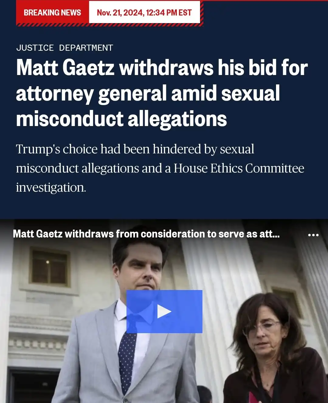 A news article screenshot shows Matt Gaetz in a suit standing beside a woman, with a headline announcing his withdrawal from…