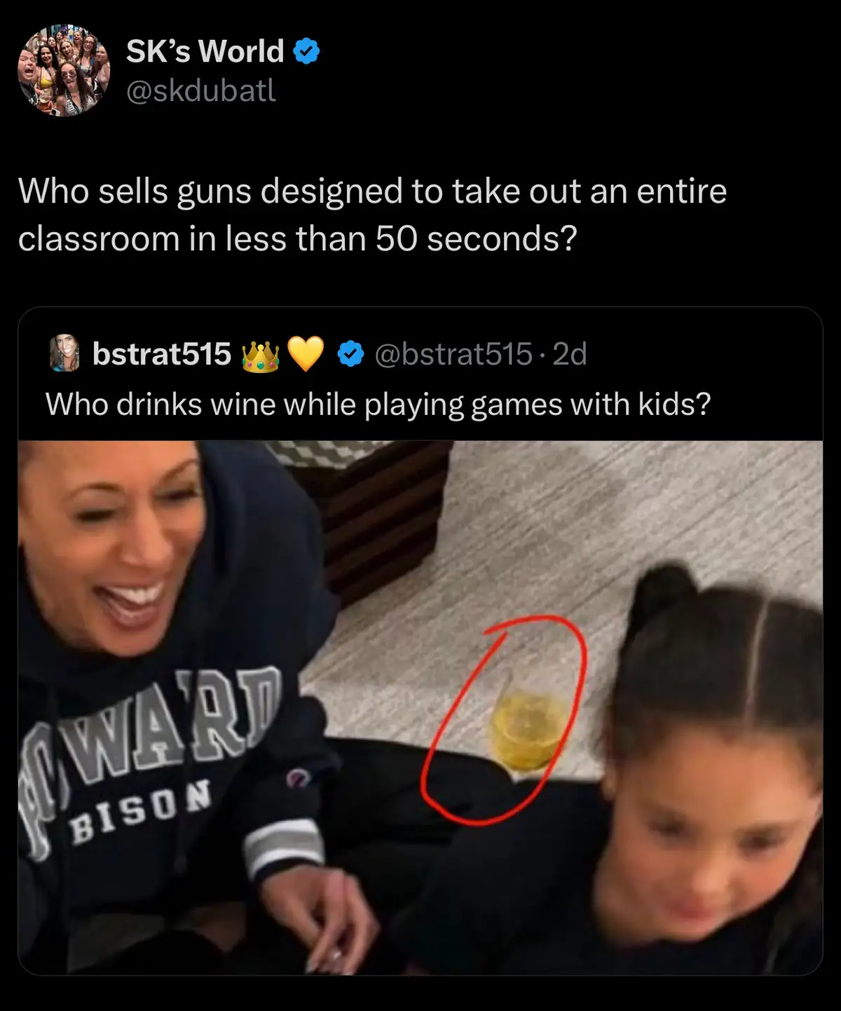 A screenshot of a Twitter thread shows a user asking who sells guns that can clear a classroom in under 50 seconds. A reply…