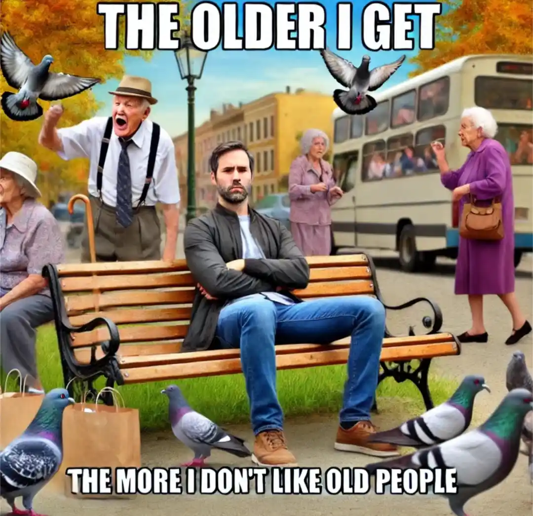 A middle-aged man sits on a park bench with arms crossed, looking annoyed, surrounded by pigeons. Behind him, several…
