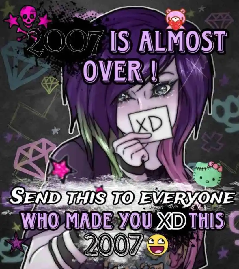 An anime-style girl with purple hair holds a card with 'XD' over her mouth, looking tearful. The image has a dark, glittery…