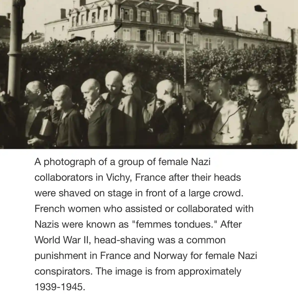 A black-and-white historical photograph shows a line of women with shaved heads standing outdoors in front of buildings and…