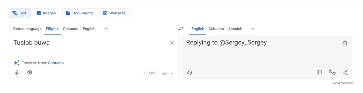A Google Translate interface shows 'Tuslob buwa' entered in the Cebuano input box, which translates to 'Dive into the moon'…