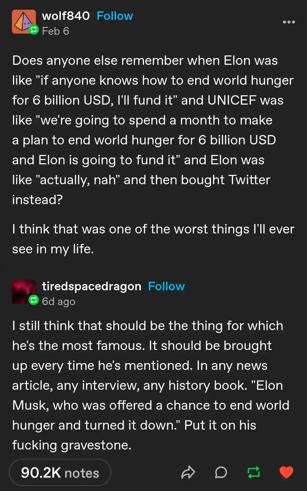 The image shows a screenshot of two Twitter/X replies discussing Elon Musk's decision to turn down a $6 billion offer to end…