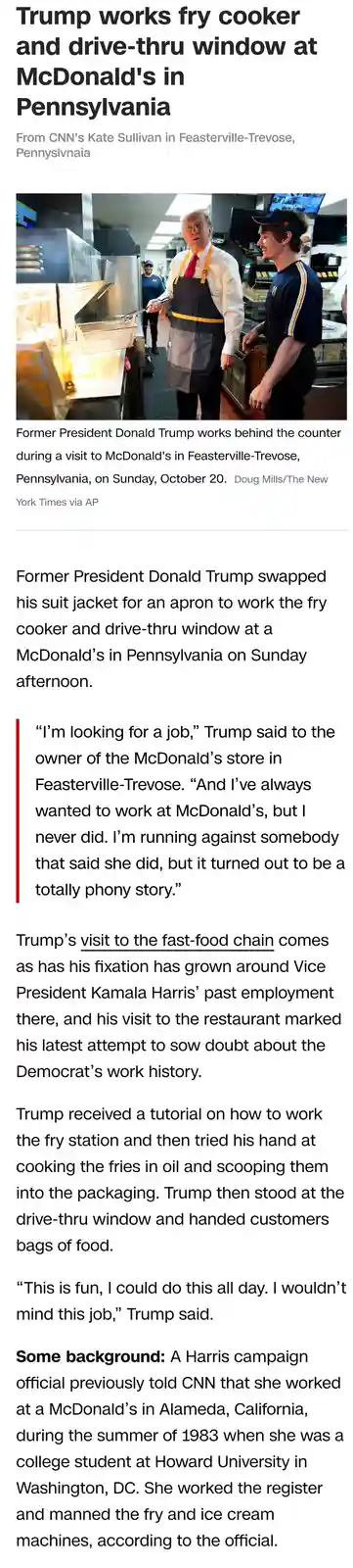 The image shows former President Donald Trump wearing a McDonald's apron and holding a fry basket, standing next to a…