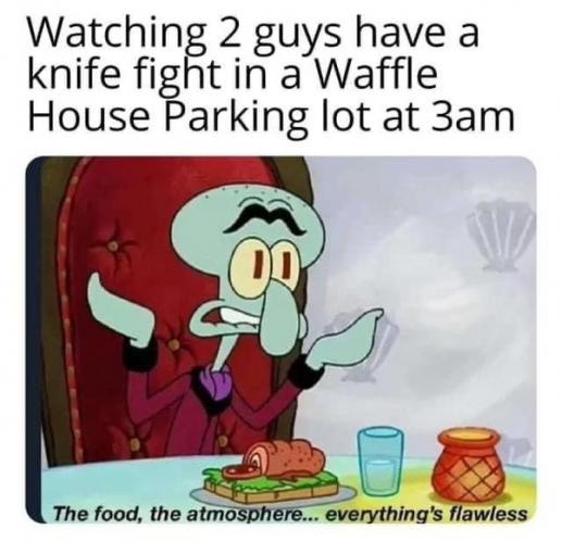 Squidward sits at a table with a sandwich, a glass of water, and a jar, looking bewildered and shrugging with his hands…