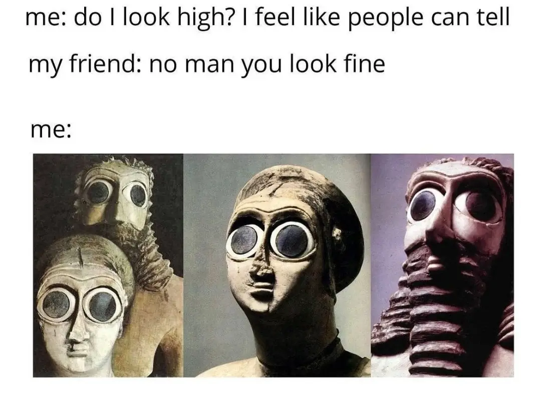 The image displays three ancient statues with exaggerated, oversized circular eyes, arranged side-by-side. Above them, text…