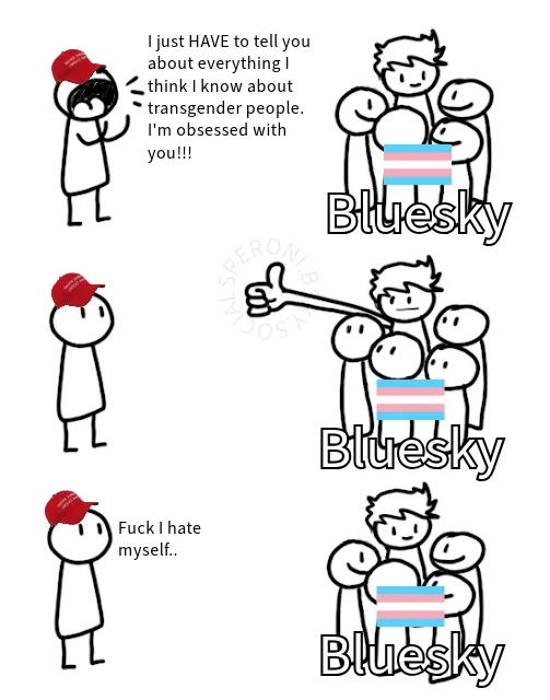 A stick figure wearing a red cap speaks to a group of stick figures with a transgender flag over one. The speaker says, 'I…