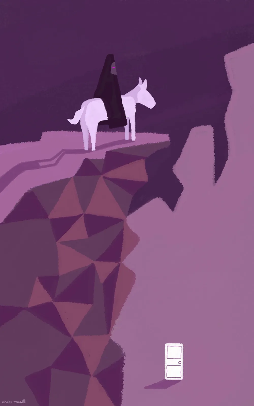 A stylized illustration shows a figure in a black hooded robe riding a white donkey on a narrow cliff edge. Below the cliff…