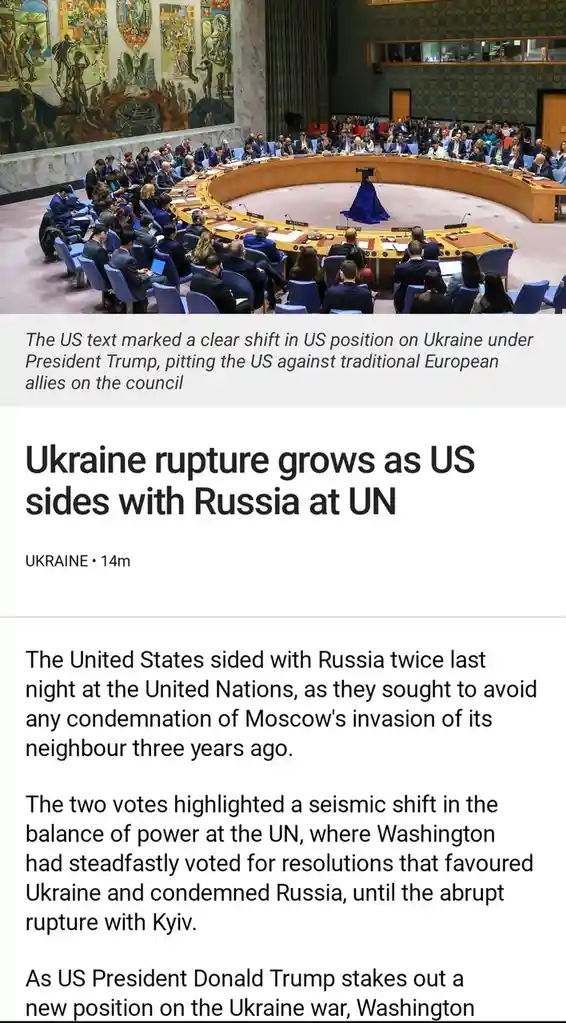 The image shows a news article screenshot with a photo of the United Nations Security Council chamber. The article headline…