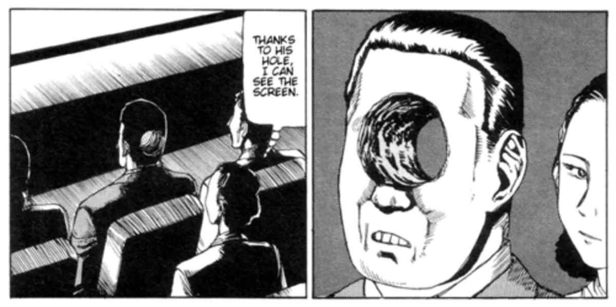 A black-and-white manga panel shows a man in a theater with a large hole in his eye, looking at the screen. The text bubble…