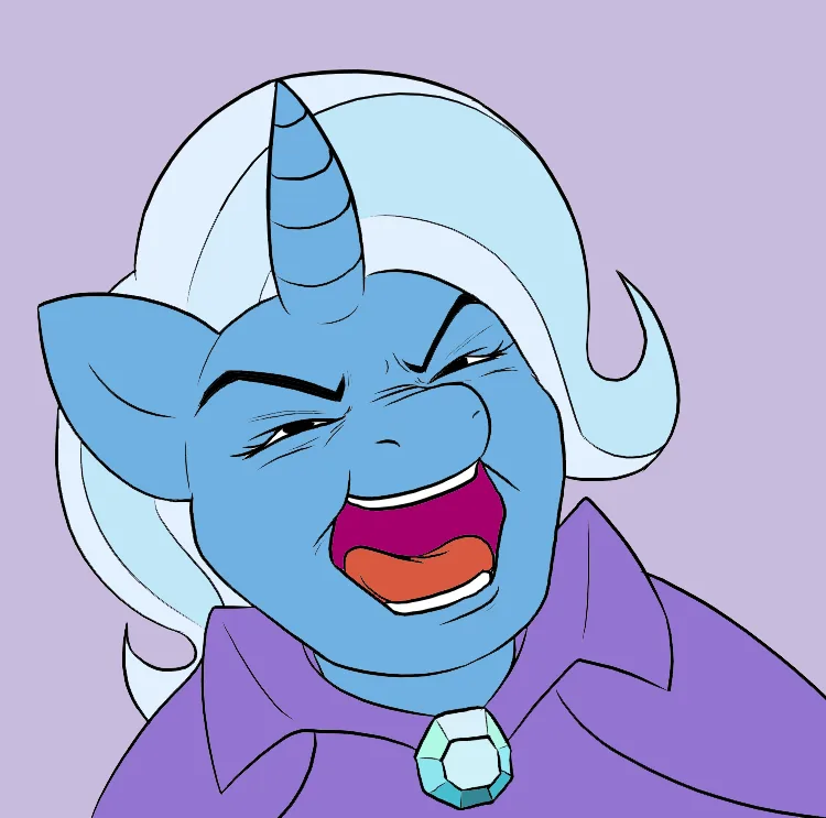 A blue-skinned cartoon character with a horn, white hair, and a purple collared shirt is shown with an exaggerated, tearful…