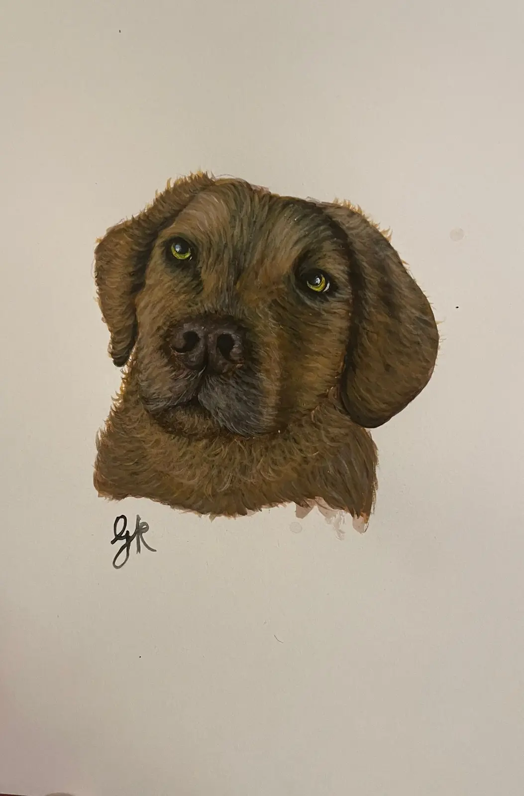 A watercolor painting of a brown dog's head with floppy ears and yellow eyes, signed 'gk' below. The image has no overlaid…