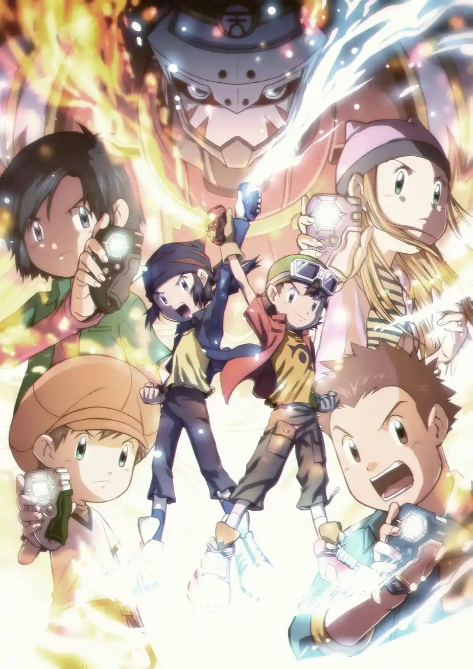 An anime illustration shows six children holding glowing digital devices, surrounded by fiery and electric energy, with a…