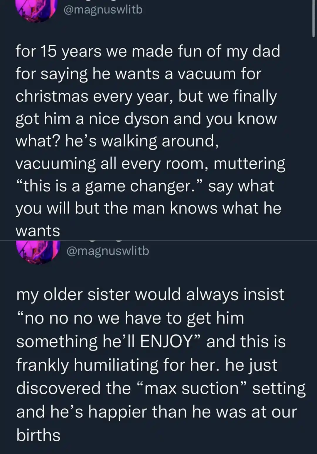 The image displays two text posts from the same Twitter/X user @magnuswlitb. The first post recounts how the poster's family…